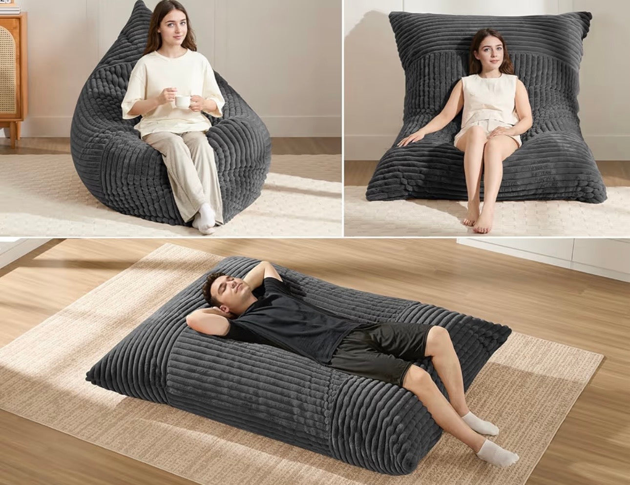 3-in-1 Giant Bean Bag Chair for Adults & Kids, Convertible Floor Sofa to Mattress, Memory Foam Beanbag Chair with Washable Cover, Multi Functional Lounge Couch for Bedroom, Living Room