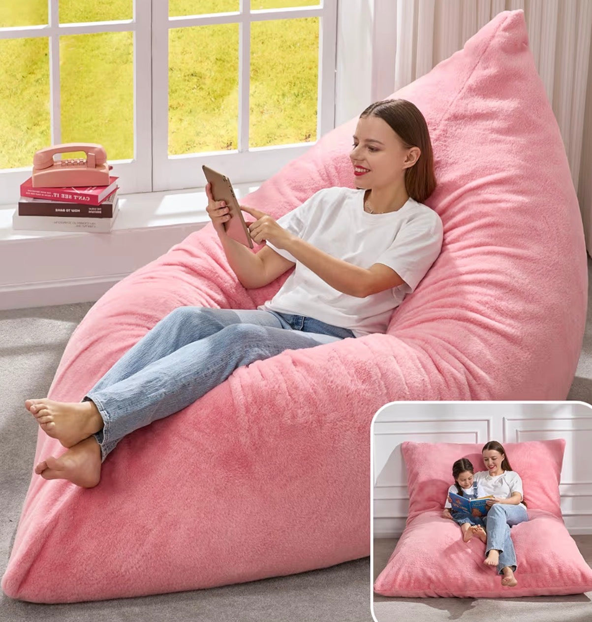 3-in-1 Giant Bean Bag Chair for Adults & Kids, Convertible Floor Sofa to Mattress, Memory Foam Beanbag Chair with Washable Cover, Multi Functional Lounge Couch for Bedroom, Living Room