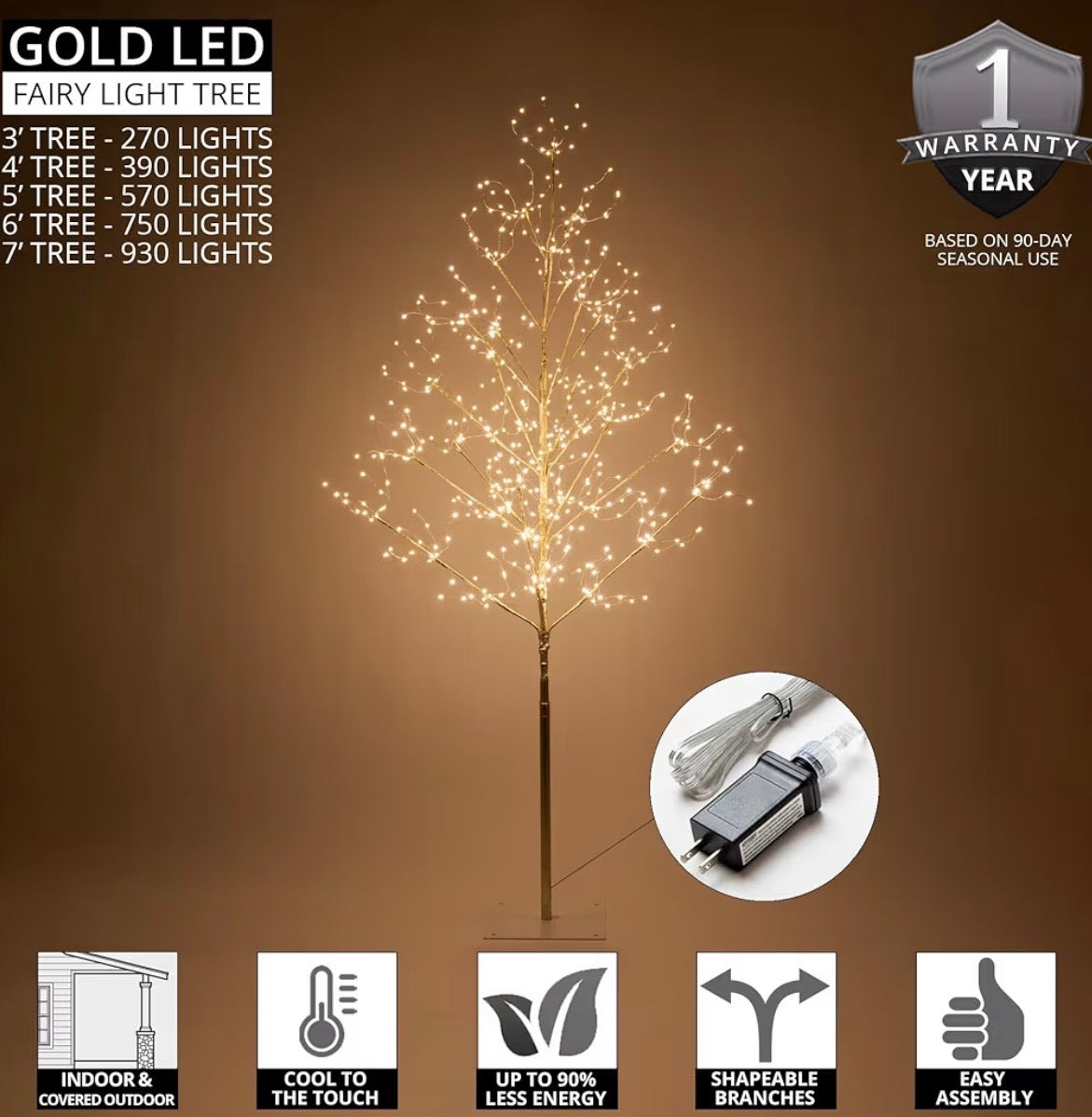 3 Ft Gold Fairy Light Tree Room Décor Home Décor Artificial Tree, 270 Warm White LED Lights