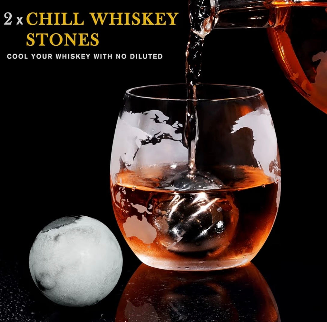Whiskey Decanter Globe Set with 2 Ball Stones & 2 Glasses, Anniversary Birthday Gifts for Him Husband Boyfriend Brother, Cool Stuff Gift for Bourbon Scotch