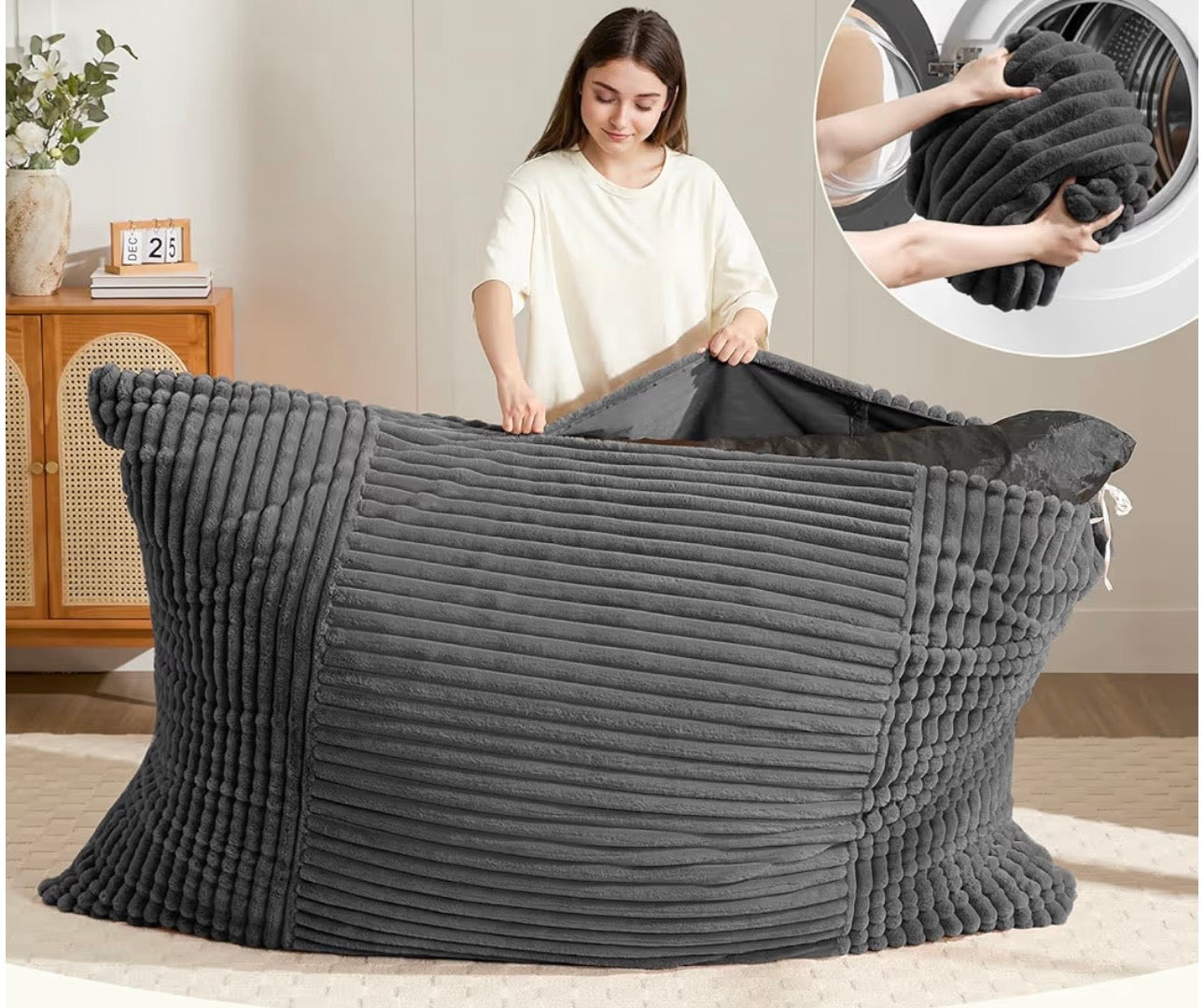 3-in-1 Giant Bean Bag Chair for Adults & Kids, Convertible Floor Sofa to Mattress, Memory Foam Beanbag Chair with Washable Cover, Multi Functional Lounge Couch for Bedroom, Living Room