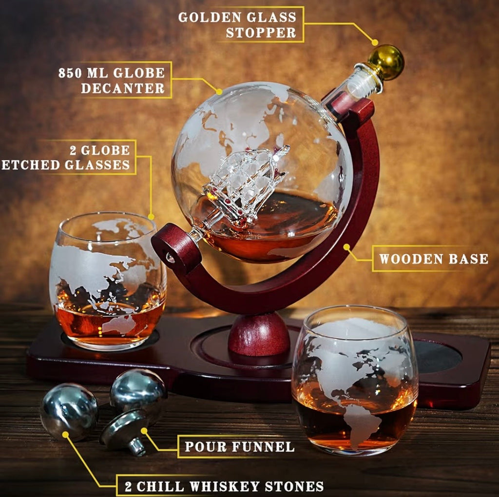 Whiskey Decanter Globe Set with 2 Ball Stones & 2 Glasses, Anniversary Birthday Gifts for Him Husband Boyfriend Brother, Cool Stuff Gift for Bourbon Scotch