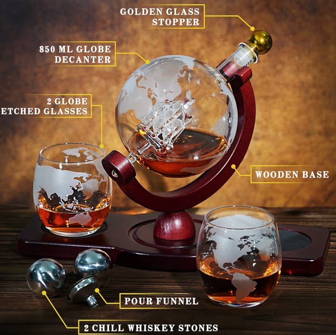 Whiskey Decanter Globe Set with 2 Ball Stones & 2 Glasses, Anniversary Birthday Gifts for Him Husband Boyfriend Brother, Cool Stuff Gift for Bourbon Scotch