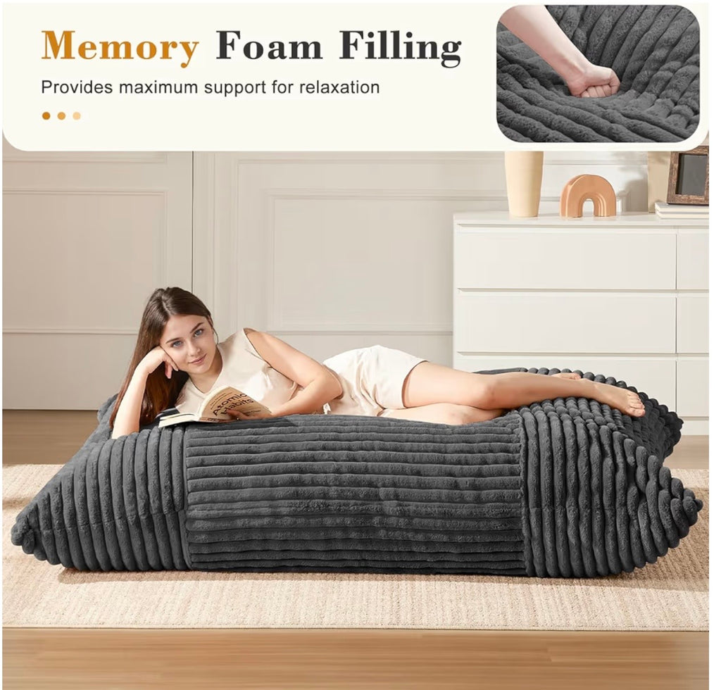 3-in-1 Giant Bean Bag Chair for Adults & Kids, Convertible Floor Sofa to Mattress, Memory Foam Beanbag Chair with Washable Cover, Multi Functional Lounge Couch for Bedroom, Living Room