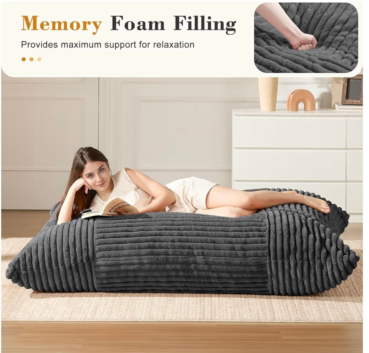 3-in-1 Giant Bean Bag Chair for Adults & Kids, Convertible Floor Sofa to Mattress, Memory Foam Beanbag Chair with Washable Cover, Multi Functional Lounge Couch for Bedroom, Living Room
