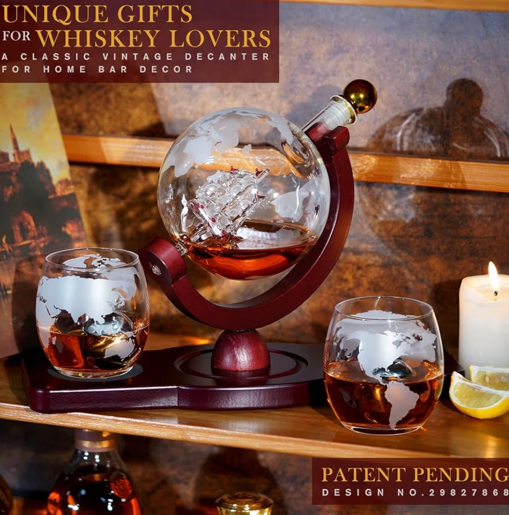Whiskey Decanter Globe Set with 2 Ball Stones & 2 Glasses, Anniversary Birthday Gifts for Him Husband Boyfriend Brother, Cool Stuff Gift for Bourbon Scotch