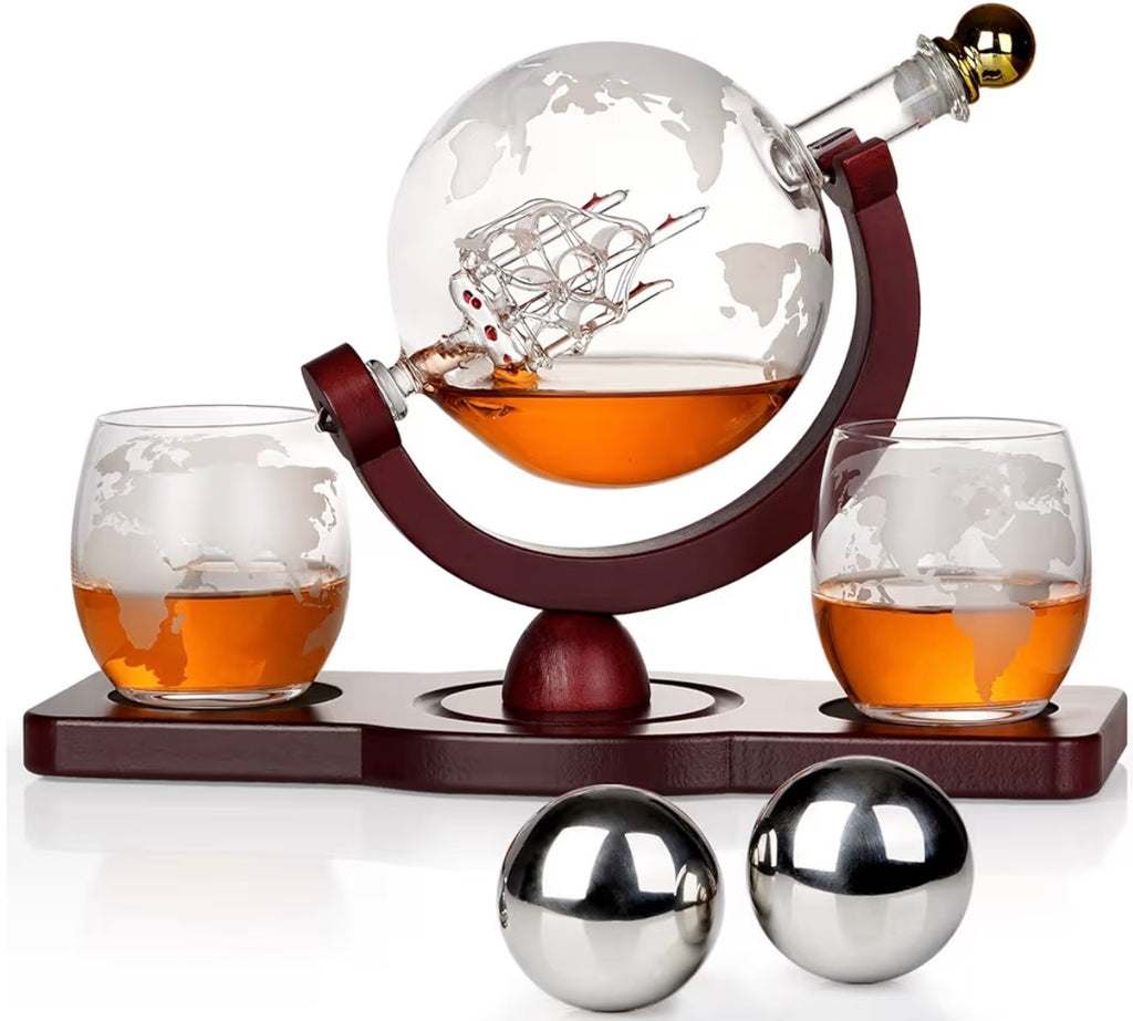 Whiskey Decanter Globe Set with 2 Ball Stones & 2 Glasses, Anniversary Birthday Gifts for Him Husband Boyfriend Brother, Cool Stuff Gift for Bourbon Scotch