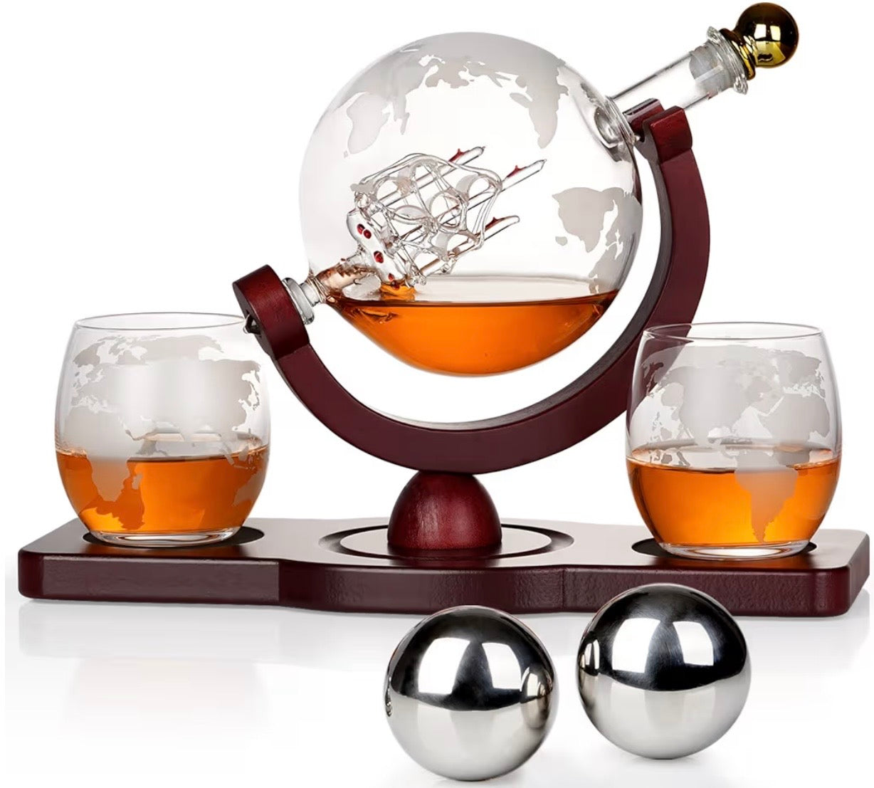 Whiskey Decanter Globe Set with 2 Ball Stones & 2 Glasses, Anniversary Birthday Gifts for Him Husband Boyfriend Brother, Cool Stuff Gift for Bourbon Scotch