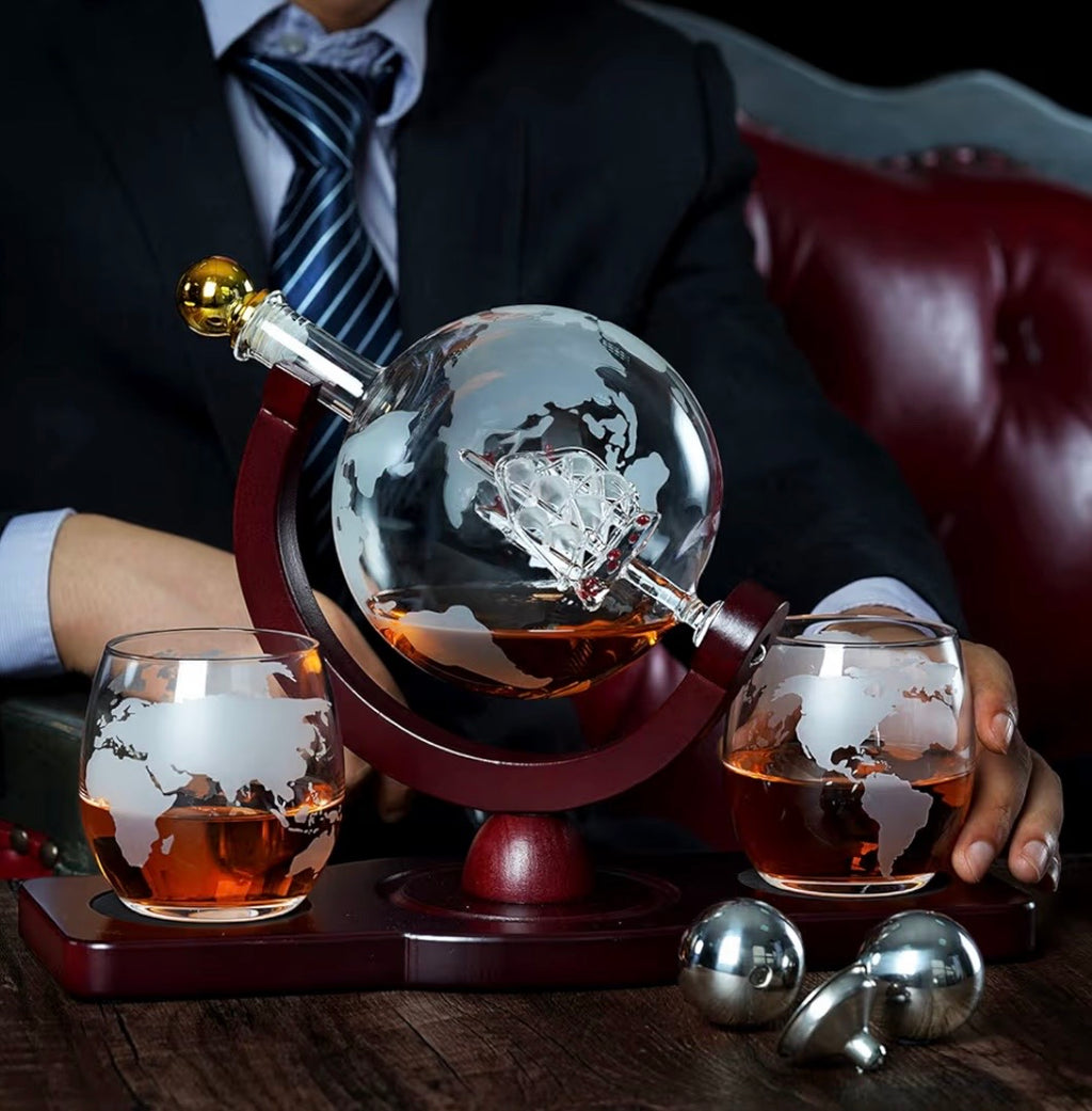Whiskey Decanter Globe Set with 2 Ball Stones & 2 Glasses, Anniversary Birthday Gifts for Him Husband Boyfriend Brother, Cool Stuff Gift for Bourbon Scotch