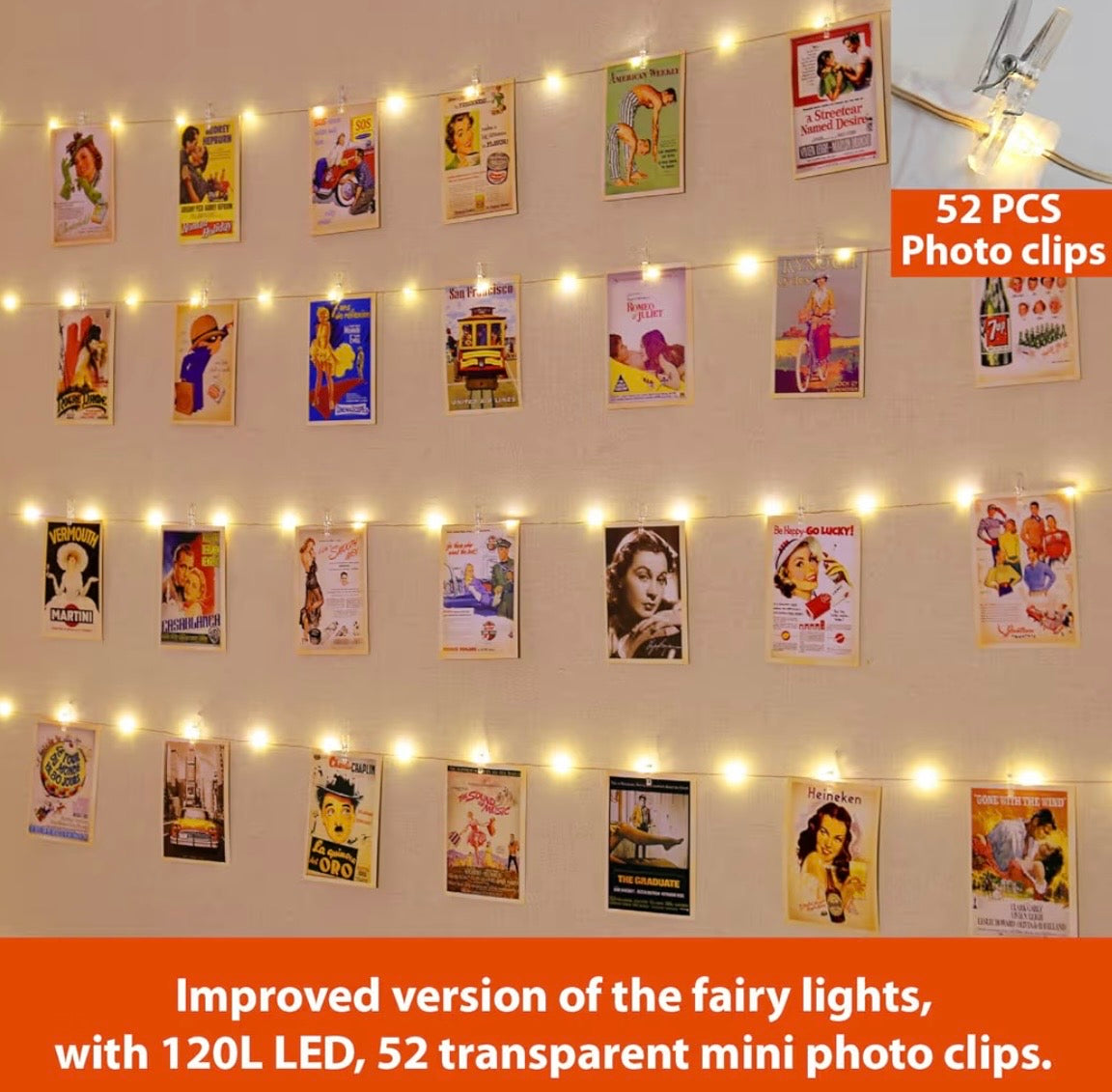 120LED Warm White 40Ft Fairy String Light with 52 Clear Clips & 12 Hooks, USB Powered, Waterproof, 8 Modes & Timer, Perfect for Indoor/Outdoor, Bedroom, Party, Wedding Decor