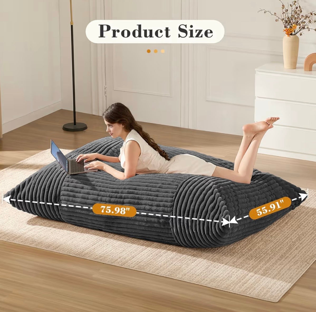 3-in-1 Giant Bean Bag Chair for Adults & Kids, Convertible Floor Sofa to Mattress, Memory Foam Beanbag Chair with Washable Cover, Multi Functional Lounge Couch for Bedroom, Living Room