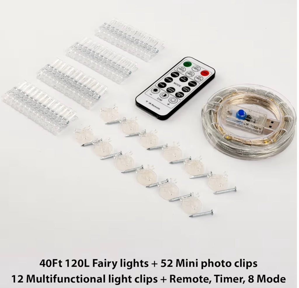 120LED Warm White 40Ft Fairy String Light with 52 Clear Clips & 12 Hooks, USB Powered, Waterproof, 8 Modes & Timer, Perfect for Indoor/Outdoor, Bedroom, Party, Wedding Decor