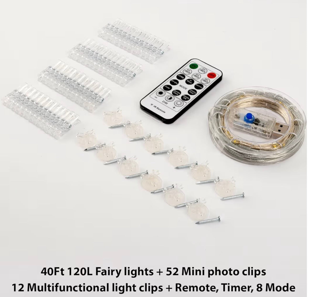 120LED Warm White 40Ft Fairy String Light with 52 Clear Clips & 12 Hooks, USB Powered, Waterproof, 8 Modes & Timer, Perfect for Indoor/Outdoor, Bedroom, Party, Wedding Decor